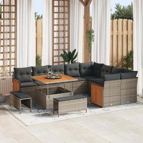 vidaXL 12-delige tuinbank set met kussens in grijs, poly, Tuin en Terras, Tuinsets en Loungesets, Nieuw, Rotan, Verzenden
