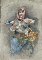 Luigi Pastega (1858-1927) - Contadina con Papera, Antiek en Kunst, Kunst | Schilderijen | Klassiek