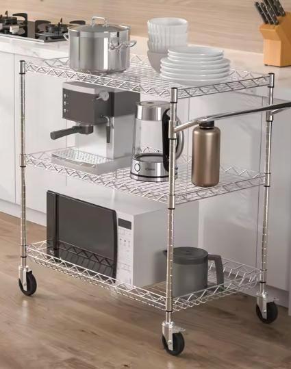 Metalen serveerwagen 3 lagen met wielen en 6 ophanghaken, Huis en Inrichting, Tafels | Eettafels, Nieuw, Verzenden