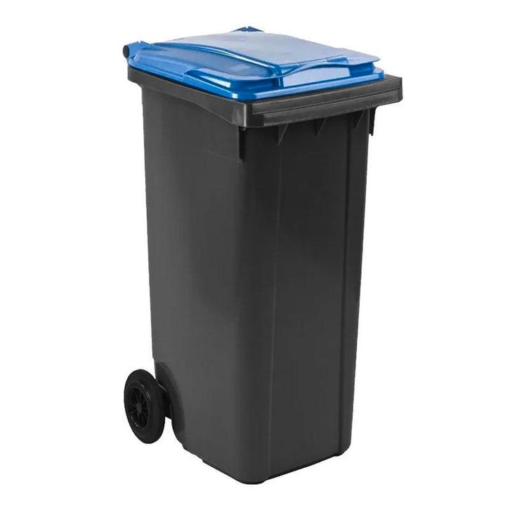 Afvalcontainer 140 liter grijs met blauw deksel, Huis en Inrichting, Woonaccessoires | Prullenbakken, Nieuw, 40 liter of meer