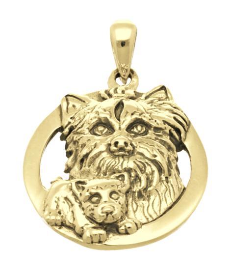 Gouden Yorkshire Terrier met puppie in ring kettinghanger, Sieraden, Tassen en Uiterlijk, Kettinghangers, Verzenden