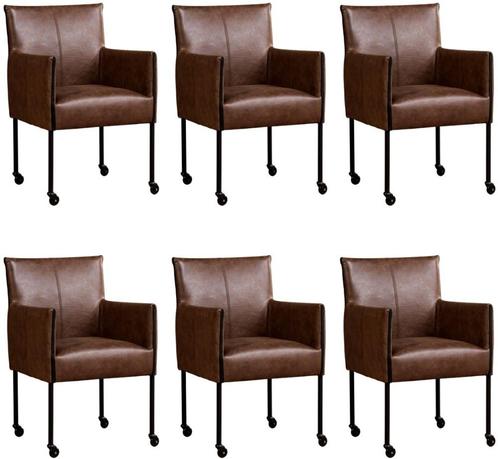 Set van 6 Bruine leren moderne kuipstoel - poot rond zwart m, Huis en Inrichting, Stoelen, Vijf, Zes of meer stoelen, Overige kleuren