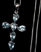 Topaas - Zilver, Halsketting kruis en blauwe topaas:, Antiek en Kunst