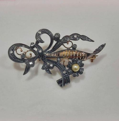Broche - 19.2 kt. Roségoud, Zilver Parel - Diamant, Sieraden, Tassen en Uiterlijk, Antieke sieraden