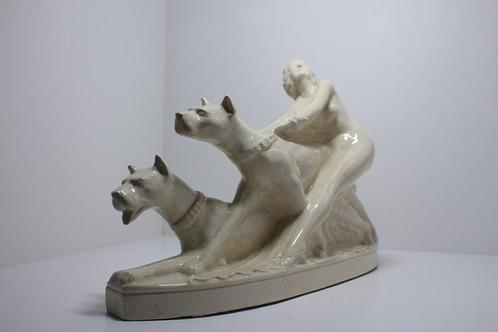 L.Fontinelle - Beeld, Vrouw met honden - 35 cm - Aardewerk, Antiek en Kunst, Antiek | Glas en Kristal