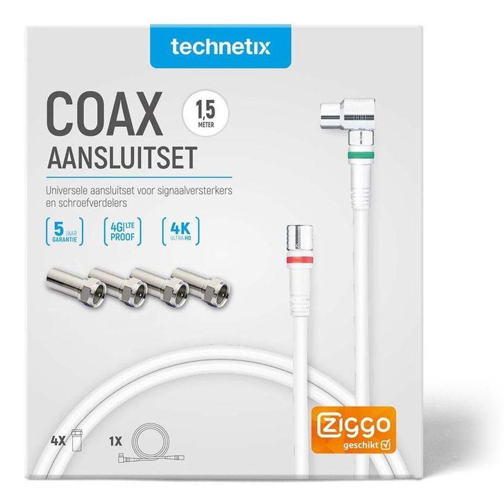 Technetix Connectionset F/IEC 1,5meter + 4 x F/IEC adapter -, Doe-het-zelf en Verbouw, Elektra en Kabels, Kabel of Snoer, Nieuw