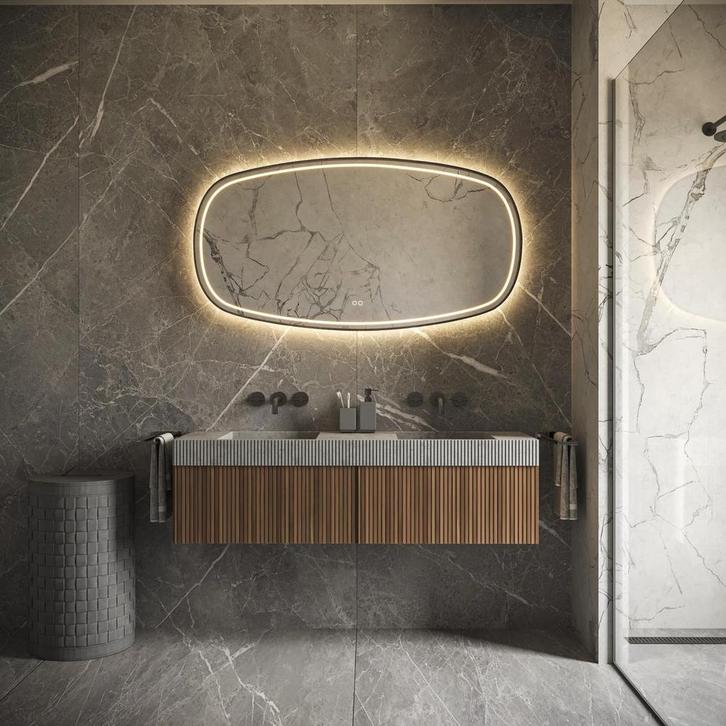 HIPP Design Phantom Deens Ovale LED spiegel met Zwart Frame, Huis en Inrichting, Woonaccessoires | Spiegels, Nieuw, Ophalen of Verzenden
