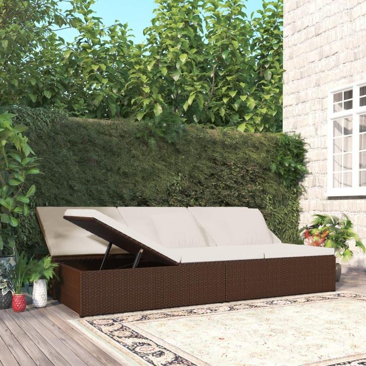 vidaXL Ligbed met kussens converteerbaar poly rattan bruin, Tuin en Terras, Ligbedden, Nieuw, Verzenden