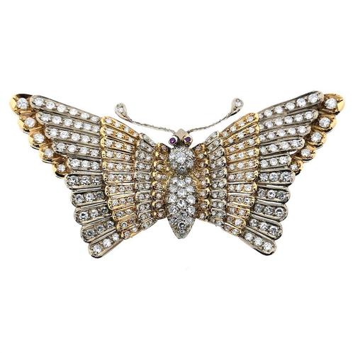 18 Krt. Exclusieve bicolor gouden vlinderbroche met robij..., Sieraden, Tassen en Uiterlijk, Broches, Overige kleuren, Gebruikt