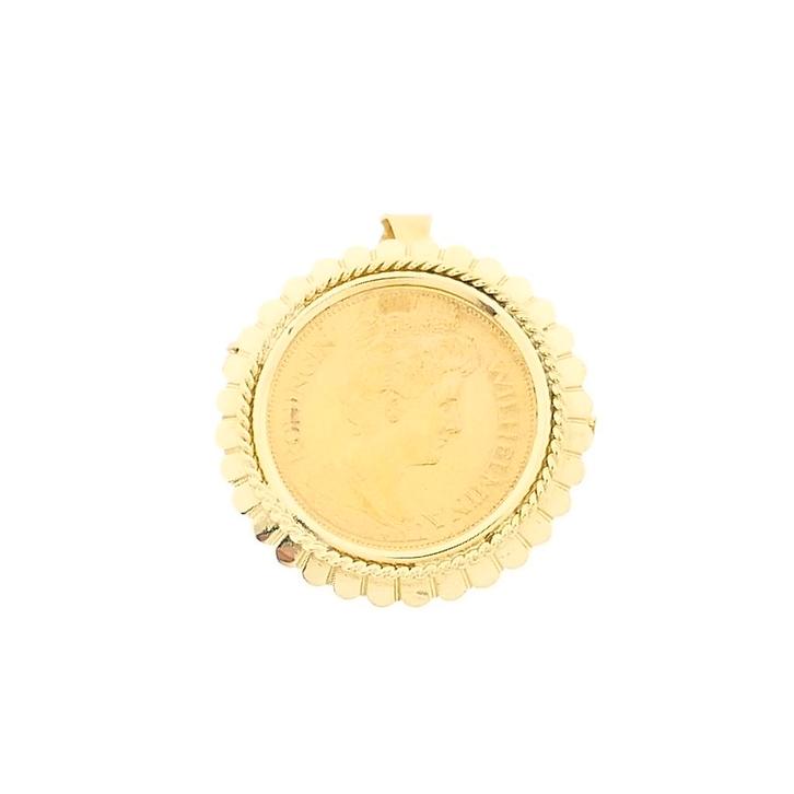 Gouden broche/hanger van een gouden vijfje; Koningin Wilh..., Sieraden, Tassen en Uiterlijk, Bedels, Gebruikt, Overige merken