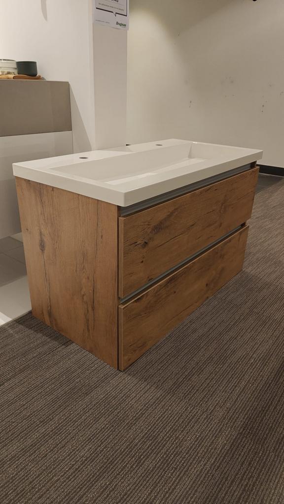 Badmeubel eiken kleur met wasbak 100x51cm greeploos NIEUW, Huis en Inrichting, Badkamer | Badkamermeubels, Wastafelkast, Nieuw