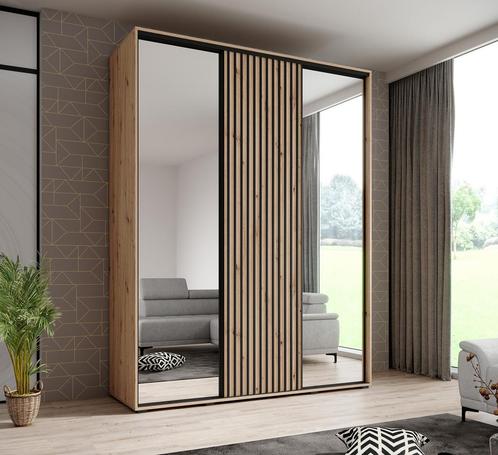 Kledingkast 180cm Eiken - Spiegels - Latjes - Garderobekast, Huis en Inrichting, Kasten | Vitrinekasten, 50 tot 75 cm, Nieuw, 200 cm of meer
