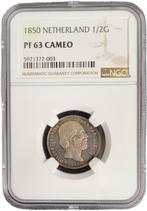 Koning Willem III halve gulden 1850 PF63 Cam NGC, Zilver, Losse munt, Verzenden