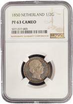 Koning Willem III halve gulden 1850 PF63 Cam NGC, Postzegels en Munten, Munten | Nederland, Zilver, Losse munt, Verzenden