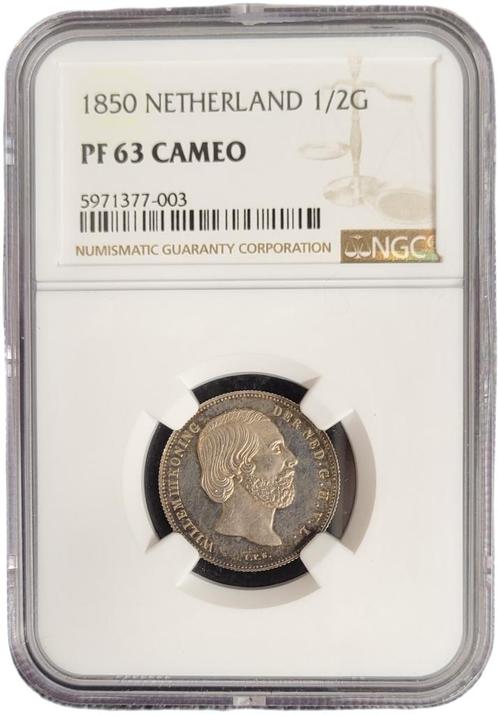 Koning Willem III halve gulden 1850 PF63 Cam NGC, Postzegels en Munten, Munten | Nederland, Losse munt, Koning Willem III, Zilver