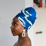 Afrikaanse hoofddoek / Vlisco headwrap - Blauw / Witte speed, Kleding | Dames, Ophalen of Verzenden, Nieuw