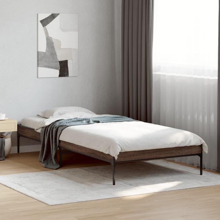 vidaXL Bedframe bewerkt hout en metaal bruin eikenkleurig, Huis en Inrichting, Slaapkamer | Bedden, 90 cm, 200 cm, Bruin, Eenpersoons