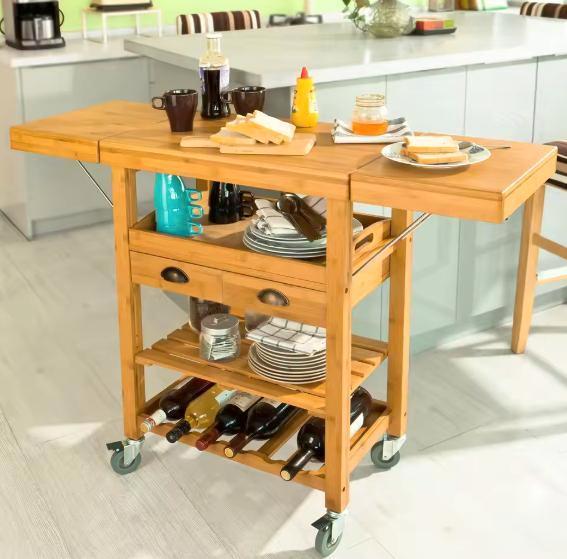 Bamboe Keukenwagen met Lade, Flessenrek en Uitschuifblad, Huis en Inrichting, Keuken | Keukenelementen, Nieuw, Verzenden