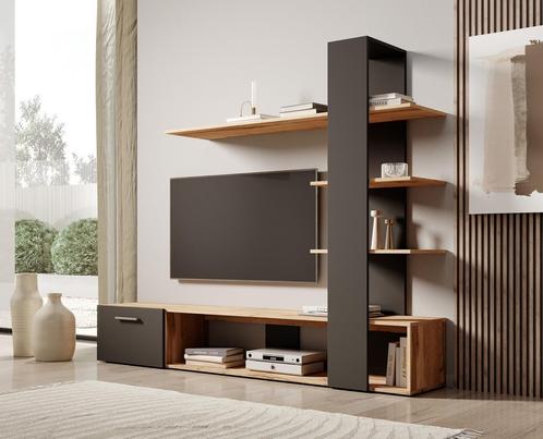 Wandmeubel | Eiken - Zwart | TV-Meubel | Meubella, Huis en Inrichting, Kasten | Wandmeubels, 25 tot 50 cm, Nieuw, 150 tot 200 cm