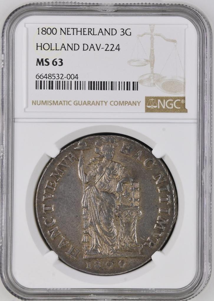 Bat.Republiek Holland 3 gulden 1800 MS63 NGC (pop 3/1), Postzegels en Munten, Munten | Nederland, Losse munt, Zilver, Verzenden
