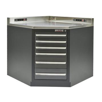 Hoek werkbank 107 x 107 x 95 cm. – hoekstuk met RVS blad beschikbaar voor biedingen