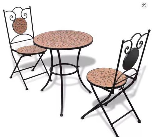 Keramische 3-delige Bistroset – Terracotta enamp; Ijzerframe, Tuin en Terras, Tuinsets en Loungesets, Nieuw, Verzenden