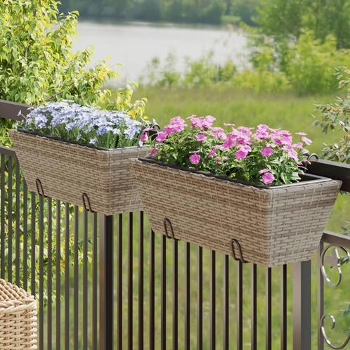 vidaXL Plantenbakken 2 st met haken poly rattan grijs, Tuin en Terras, Bloembakken en Plantenbakken, Nieuw, Kunststof, Verzenden
