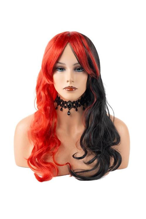 Luxe Lange Zwart Rode Pruik Curtain Bangs Pony Haarwerk Krul, Kleding | Dames, Carnavalskleding en Feestkleding, Nieuw, Carnaval