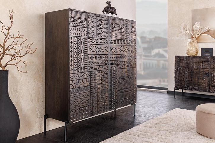 Massief dressoir TRIBAL 120cm Antiek Bruin Mangohout 3D, Huis en Inrichting, Kasten | Overige, Ophalen of Verzenden