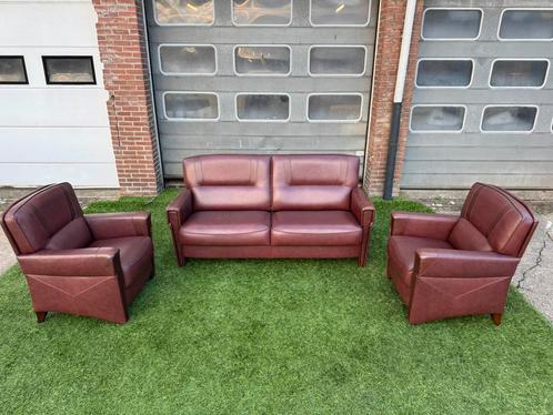 Bankstel SENIOREN bruin leer 2,5+1+1 zit bank en fauteuils, Huis en Inrichting, Banken | Bankstellen, Rechte bank, Vierpersoons of meer