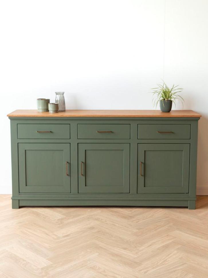 Donkergroen dressoir | eiken blad | eiken kast | Vavivo, Huis en Inrichting, Kasten | Dressoirs, 150 tot 200 cm, 25 tot 50 cm