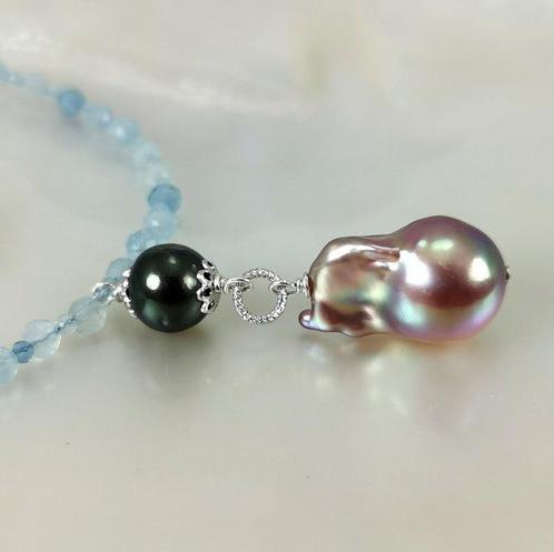 Halsketting Zilver Parel - Parel - Tahiti-Fwp & Aquamarines, Sieraden, Tassen en Uiterlijk, Kettingen