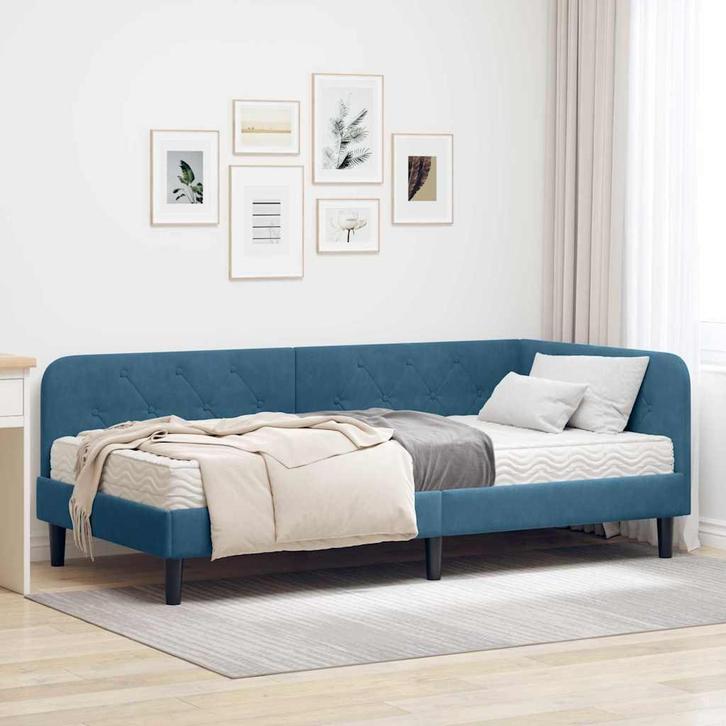 vidaXL Hoekbedframe met matras Blauw 90 x 190 cm Fluweel, Huis en Inrichting, Slaapkamer | Bedden, Blauw, Nieuw, Stof, Verzenden
