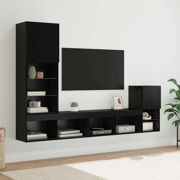 vidaXL TV Wandmeubels met LED-striplichten Zwart Eiken, Huis en Inrichting, Kasten | Televisiemeubels, Nieuw, Overige houtsoorten