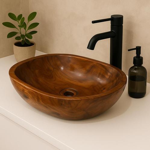 Wastafel | Wasbak | Ovaal | Teakhout | 40x30x12cm | Bruin, Doe-het-zelf en Verbouw, Sanitair, Nieuw, Wastafel, Verzenden