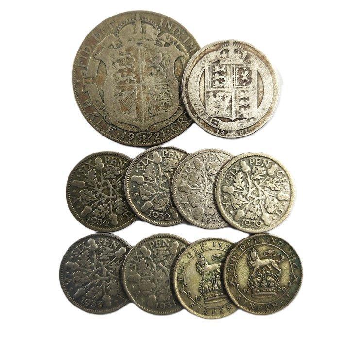 Verenigd Koninkrijk. 10 Silver Coins (1x 1 Schiling + 8x 6, Postzegels en Munten, Munten | Europa | Niet-Euromunten