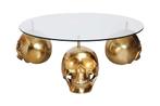 Design salontafel SKULL XXL 90cm goud rond glazen blad, Ophalen of Verzenden, Nieuw