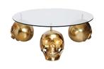 Design salontafel SKULL XXL 90cm goud rond glazen blad, Huis en Inrichting, Ophalen of Verzenden, Nieuw