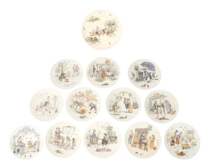 12 keramieken borden en een schaal, Frankrijk, 20e eeuw, Antiek en Kunst, Antiek | Servies compleet