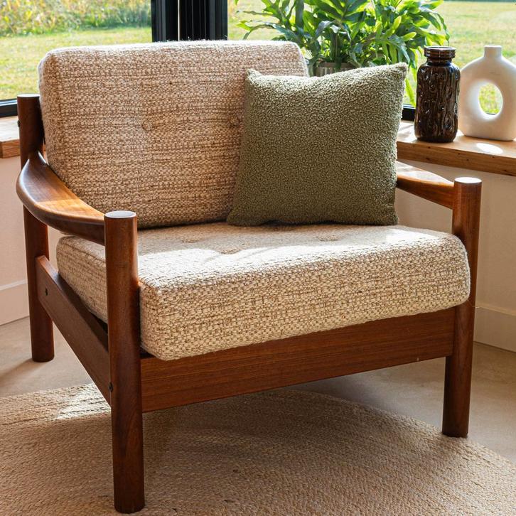 Vintage Design fauteuil Jensen &amp; Sønner, Huis en Inrichting, Fauteuils, 75 tot 100 cm, Minder dan 75 cm, Gebruikt, Hout, Stof