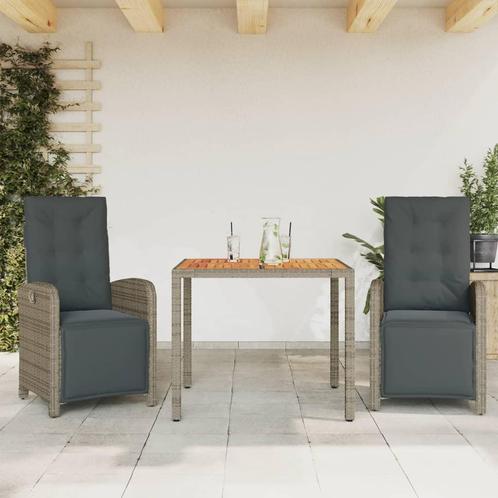vidaXL 3-delige Bistroset met kussens poly rattan grijs, Tuin en Terras, Tuinsets en Loungesets, Nieuw, 2 zitplaatsen, Rotan, Verzenden