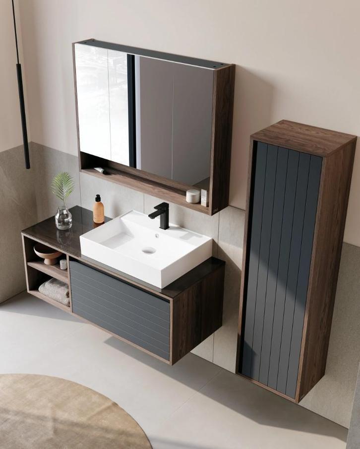 Badmeubel Prato donker eiken 100cm met spiegelkast, Doe-het-zelf en Verbouw, Sanitair, Nieuw, Ophalen