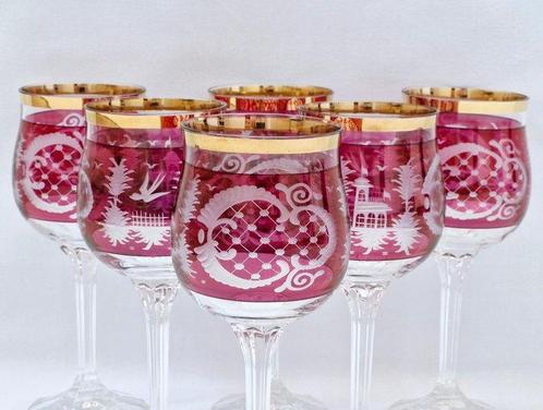 Boheems Kristal - Wijnglas (6) - Kristal - Set geëtste, Antiek en Kunst, Antiek | Meubels | Tafels