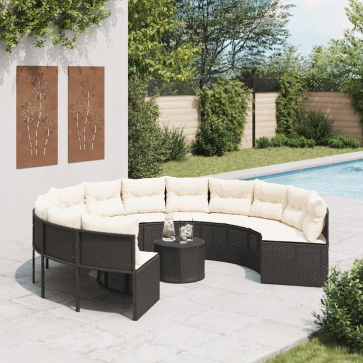vidaXL Tuinbank met tafel en kussens rond poly rattan zwart, Tuin en Terras, Tuinsets en Loungesets, Nieuw, Rotan, Verzenden