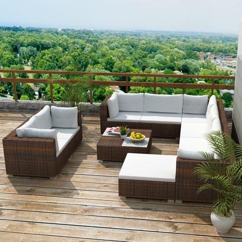 vidaXL 10-delige Loungeset met kussens poly rattan bruin, Tuin en Terras, Tuinsets en Loungesets, Loungeset, Nieuw, Meer dan 8 zitplaatsen