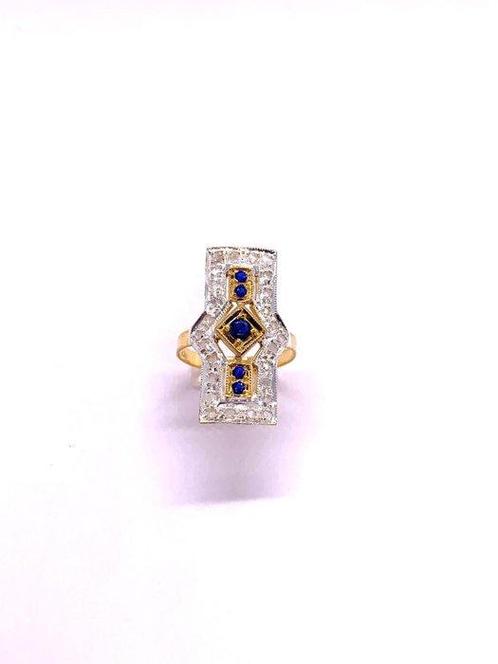 Zonder Minimumprijs - Ring - 9 kt. Geel goud, Zilver Saffier, Sieraden, Tassen en Uiterlijk, Ringen