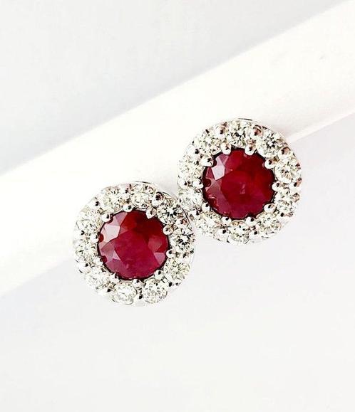 Oorbellen - 18 karaat Witgoud - 2.00ct. tw. Robijn - Diamant, Sieraden, Tassen en Uiterlijk, Oorbellen