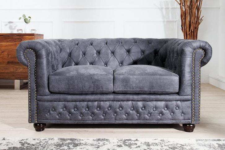 Chesterfield 2-zitsbank 150 cm antiek grijs microvezel, Huis en Inrichting, Banken | Bankstellen, Ophalen of Verzenden