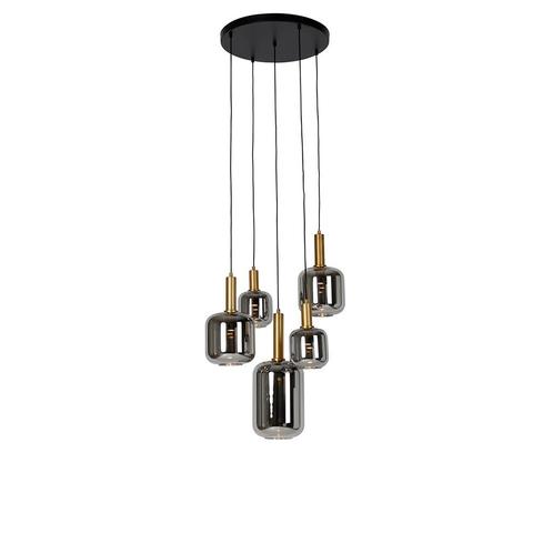 Hanglamp zwart met goud met smoke glas incl. 5 PUCC -, Huis en Inrichting, Lampen | Hanglampen, Nieuw, Glas, 75 cm of meer