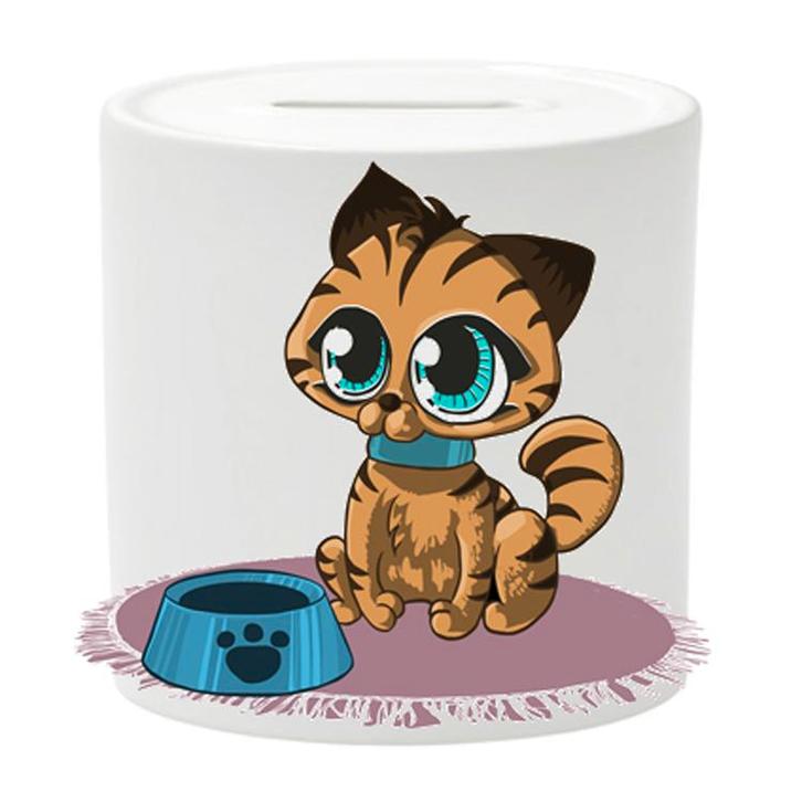 Spaarpot - Poesje met Voerbak Grote ogen - Getekend NIEUW, Verzamelen, Spaarpotten, Nieuw, Ophalen of Verzenden